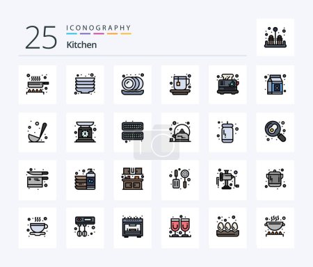 Téléchargez les illustrations : Kitchen 25 Line Filled icon pack including cooking. package. hot. milk. kitchen - en licence libre de droit