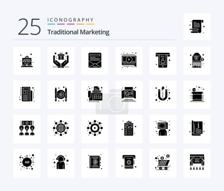 Téléchargez les illustrations : Traditional Marketing 25 Solid Glyph icon pack including barcode. phone. email newsletter. calls. video - en licence libre de droit