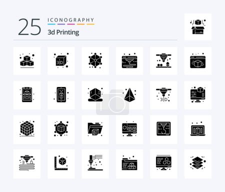 Téléchargez les illustrations : 3d Printing 25 Solid Glyph icon pack including clipboardd. cube. webd. box. laser sintering - en licence libre de droit