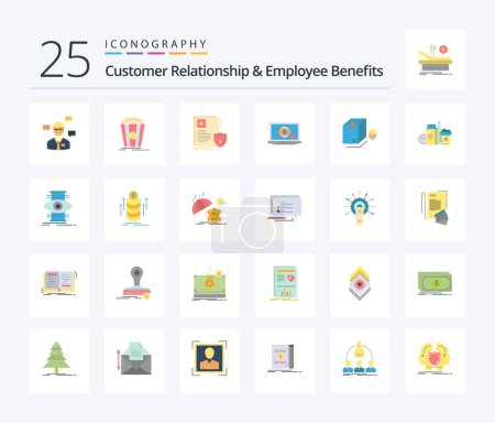 Illustration for Customer Relationship And Employee Benefits 25 Flat Color icon pack including presentation. monitor. snack. laptop. medical - Royalty Free Image