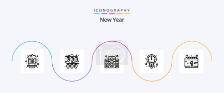 Téléchargez les illustrations : New Year Line 5 Icon Pack Including calendar. time. music. new year. clock - en licence libre de droit