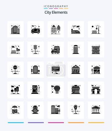 Ilustración de Creative City Elements 25 Glyph Solid Black icon pack  Such As light. park. tower. city. train - Imagen libre de derechos