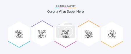 Téléchargez les illustrations : Corona Virus Super Hero 25 Line icon pack including pharmacist. health. girl. female. woman - en licence libre de droit