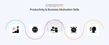 Téléchargez les illustrations : Productivity And Business Motivation Skills Glyph 5 Icon Pack Including off. clock. working. alarm. place - en licence libre de droit