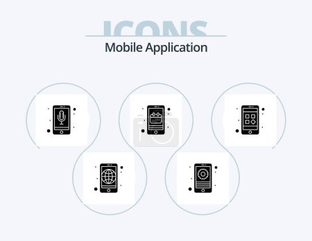 Téléchargez les illustrations : Mobile Application Glyph Icon Pack 5 Icon Design. application. date. audio recognition. calendar. agenda - en licence libre de droit