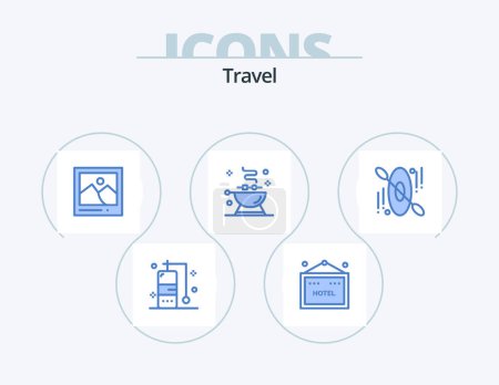 Illustration for Travel Blue Icon Pack 5 Icon Design. . hotel. photo. canoe. food - Royalty Free Image