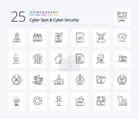 Ilustración de Cyber Spot And Cyber Security 25 Line icon pack including maleficient. fraud. judge. rules. leader - Imagen libre de derechos