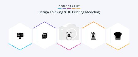 Illustration for Design Thinking And D Printing Modeling 25 Glyph icon pack including print. sports. prototype. king. entertainment - Royalty Free Image