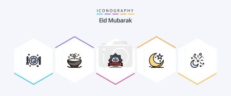 Ilustración de Eid Mubarak 25 FilledLine icon pack including star. cresent. glow. decoration. stamp - Imagen libre de derechos