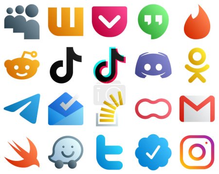 Illustration for 20 Professional Gradient Social Media Icons such as messenger. odnoklassniki. video and message icons. High quality and creative - Royalty Free Image