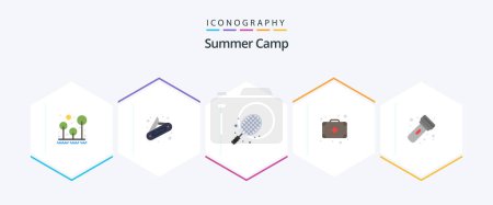Téléchargez les illustrations : Summer Camp 25 Flat icon pack including light. camping. ball. medicine. bag - en licence libre de droit