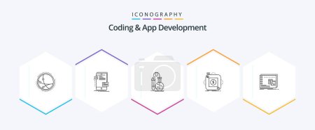 Ilustración de Coding And App Development 25 Line icon pack including store. phone. science. flask - Imagen libre de derechos