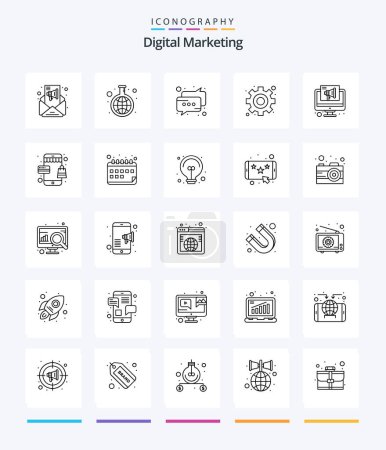Ilustración de Creative Digital Marketing 25 OutLine icon pack  Such As marketing. gear. chat. settings. hierarchy - Imagen libre de derechos