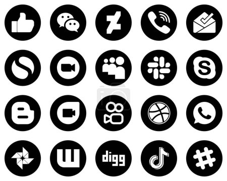 Téléchargez les illustrations : 20 Simple White Social Media Icons on Black Background such as chat. slack. inbox. myspace and meeting icons. Fully customizable and professional - en licence libre de droit