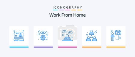Téléchargez les illustrations : Work From Home Blue 5 Icon Pack Including sharing. meeting. management. team work. communication. Creative Icons Design - en licence libre de droit