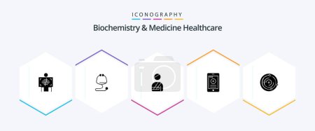 Illustration for Biochemistry And Medicine Healthcare 25 Glyph icon pack including spase. phone. stethoscope. cell. hospital - Royalty Free Image