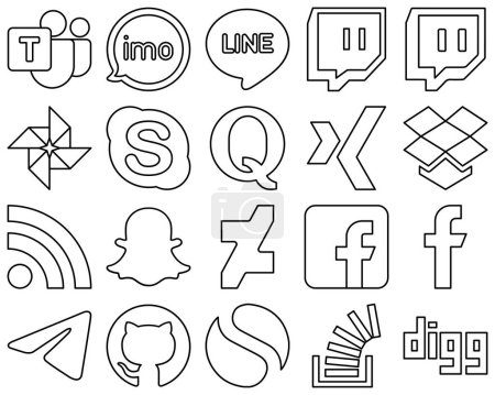 Ilustración de 20 Simple and minimalist Black Outline Social Media Icons such as snapchat. rss. google photo. dropbox and question icons. Minimalist and professional - Imagen libre de derechos