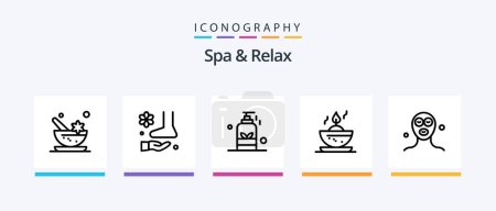 Téléchargez les illustrations : Spa And Relax Line 5 Icon Pack Including back. facial mask. shower. cosmetics. towel. Creative Icons Design - en licence libre de droit