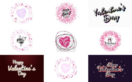 Ilustración de Happy Valentine's Day greeting background in papercut realistic style paper clouds. flying realistic heart on a string; pink banner party invitation template with calligraphy words text sign on copy space - Imagen libre de derechos