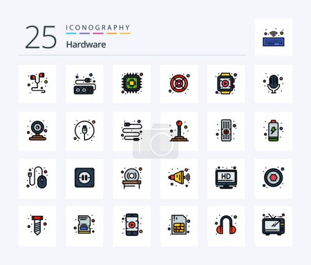Illustration for Hardware 25 Line Filled icon pack including mic. smart watch. chip. play. cooler - Royalty Free Image