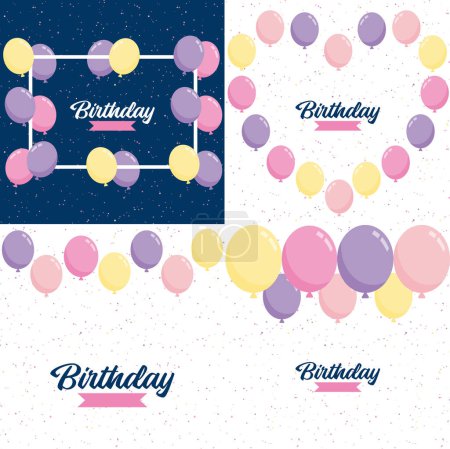 Illustration for Happy Birthday text with a realistic balloon and vector illustration of a celebration balloon with a colorful flag background includes anniversary birthday light bokeh and glitter - Royalty Free Image