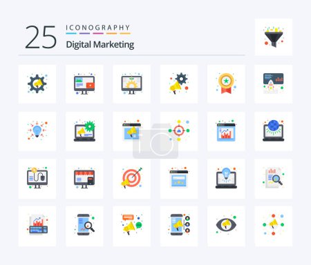 Téléchargez les illustrations : Digital Marketing 25 Flat Color icon pack including medal. settings. digital. megaphone. advertising - en licence libre de droit