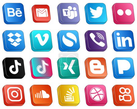 Téléchargez les illustrations : 20 Professional Isometric 3D Social Media Icons such as linkedin. rakuten. flickr. viber and video icons. Modern and professional - en licence libre de droit
