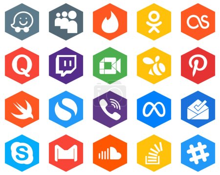 Illustration for 20 High-quality White Icons viber. google meet. simple and pinterest Hexagon Flat Color Backgrounds - Royalty Free Image