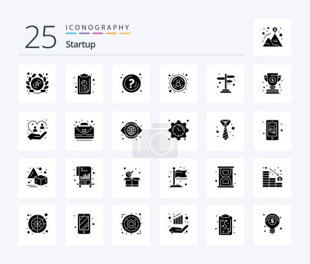 Téléchargez les illustrations : Startup 25 Solid Glyph icon pack including navigation. target customer. help. target. information - en licence libre de droit