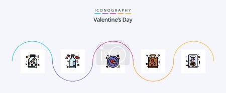 Téléchargez les illustrations : Valentines Day Line Filled Flat 5 Icon Pack Including shopping. love. wine. favorite. valentine - en licence libre de droit