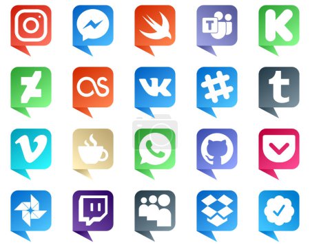 Illustration for 20 High Quality Chat bubble style Social Media Icons such as video. tumblr. spotify and lastfm icons. Professional and high definition - Royalty Free Image