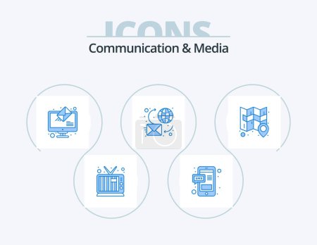 Téléchargez les illustrations : Communication And Media Blue Icon Pack 5 Icon Design. map. world. online. message. chat - en licence libre de droit