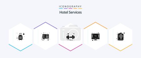 Ilustración de Hotel Services 25 Glyph icon pack including travel. passport. dumbbell. tv. screen - Imagen libre de derechos