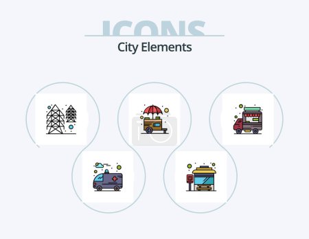 Téléchargez les illustrations : City Elements Line Filled Icon Pack 5 Icon Design. car. house. water. city. store - en licence libre de droit