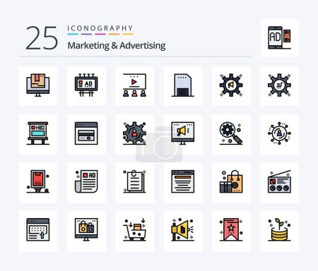 Téléchargez les illustrations : Marketing And Advertising 25 Line Filled icon pack including paper. hand. promotion. contact. video advertising - en licence libre de droit