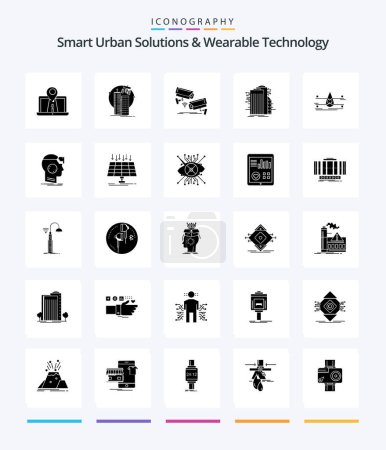 Illustration for Creative Smart Urban Solutions And Wearable Technology 25 Glyph Solid Black icon pack  Such As smart city. building. satellite. technology. security - Royalty Free Image