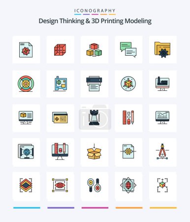 Téléchargez les illustrations : Creative Design Thinking And D Printing Modeling 25 Line FIlled icon pack  Such As printing. film. comment. computing. setting - en licence libre de droit