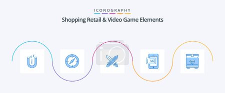Téléchargez les illustrations : Shoping Retail And Video Game Elements Blue 5 Icon Pack Including gaming. treasure. sword. discount. mobile - en licence libre de droit