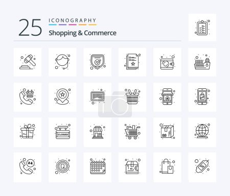Téléchargez les illustrations : Shopping And Commerce 25 Line icon pack including money. wish list. protection. list. checklist - en licence libre de droit