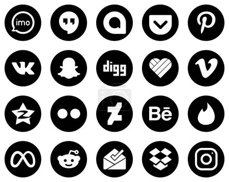 Illustration for 20 High-Resolution White Social Media Icons on Black Background such as flickr. tencent. vk. qzone and vimeo icons. Versatile and professional - Royalty Free Image