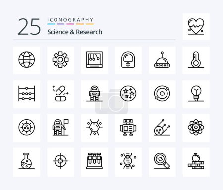 Illustration for Science 25 Line icon pack including temperature. ufo. cradle. space. suit - Royalty Free Image