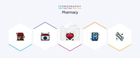 Téléchargez les illustrations : Pharmacy 25 FilledLine icon pack including . cotton swab. science. beauty. health book - en licence libre de droit