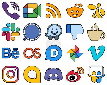 Illustration for 20 Professional Line Filled Social Media Icons Set such as caffeine. dislike. reddit. waze and mesenger Customizable and high-definition - Royalty Free Image