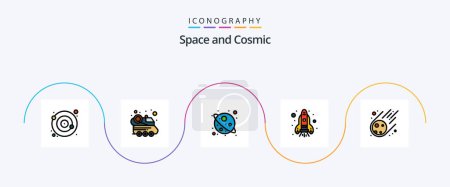 Téléchargez les illustrations : Space Line Filled Flat 5 Icon Pack Including space. asteroid. space. meteorite. rocket - en licence libre de droit