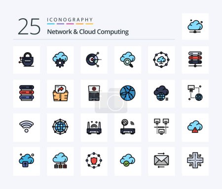 Illustration for Network And Cloud Computing 25 Line Filled icon pack including computing. network. computing. cloud computing. research - Royalty Free Image