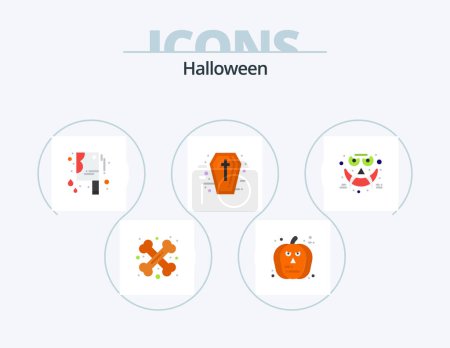 Téléchargez les illustrations : Halloween Flat Icon Pack 5 Icon Design. face. holidays. scary. halloween. sign - en licence libre de droit