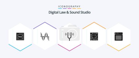 Illustration for Digital Law And Sound Studio 25 Glyph icon pack including computer. application. sound. ableton. pitch - Royalty Free Image