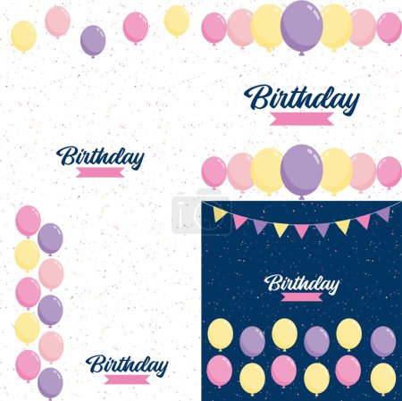 Illustration for Happy Birthday written in a decorative. vintage font with a background of party streamers and confetti - Royalty Free Image