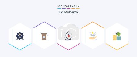 Ilustración de Eid Mubarak 25 Flat icon pack including gift. hand. eid. lettering. hari raya - Imagen libre de derechos