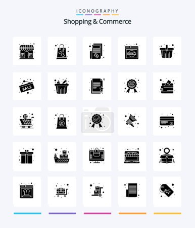 Téléchargez les illustrations : Creative Shopping And Commerce 25 Glyph Solid Black icon pack  Such As basket. website. shopping bag. network domain. paper - en licence libre de droit